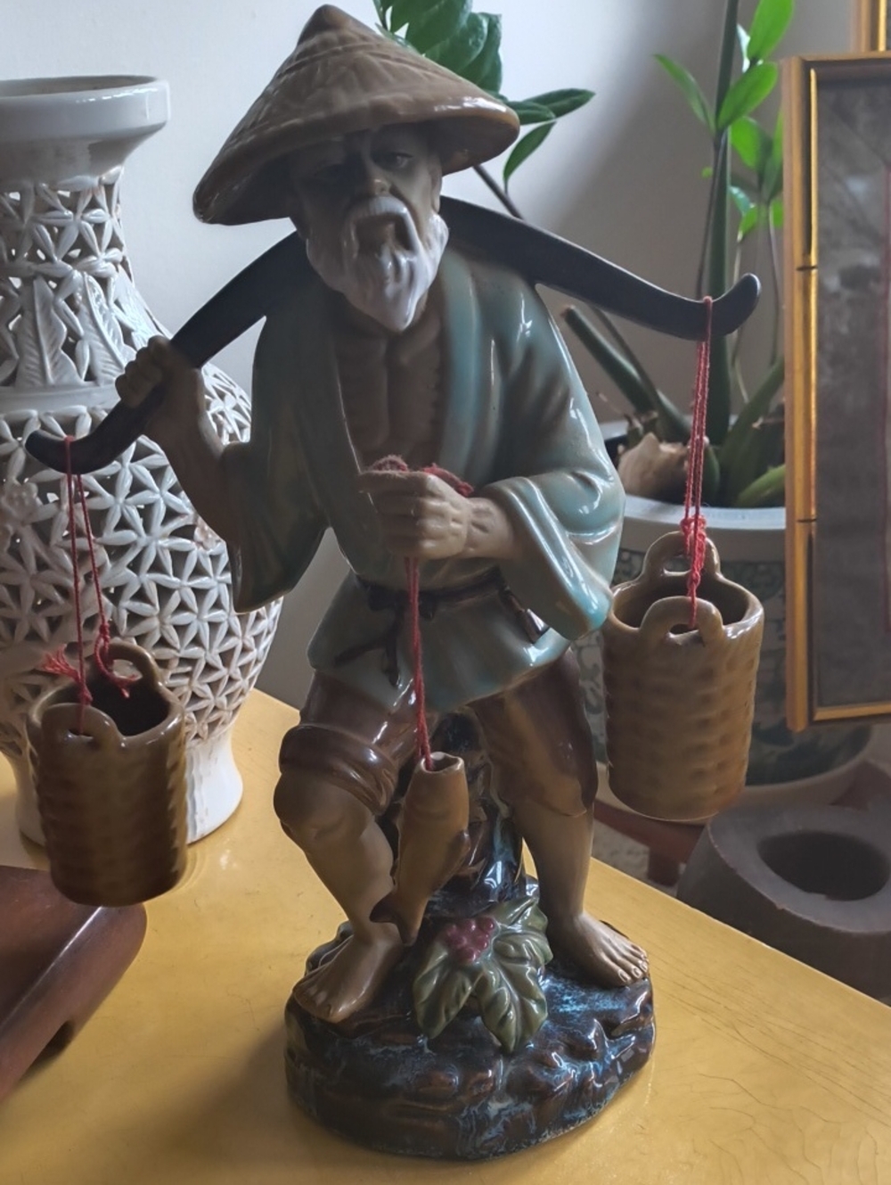 Ceramic Chinese Mudman Figurine in Brown and Teal Unbranded Statue Antique Nice!